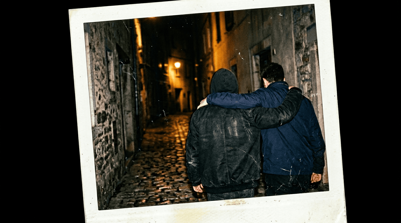 Two friends walking arm over shoulder down a cobbled street lit by a warm streetlamp.