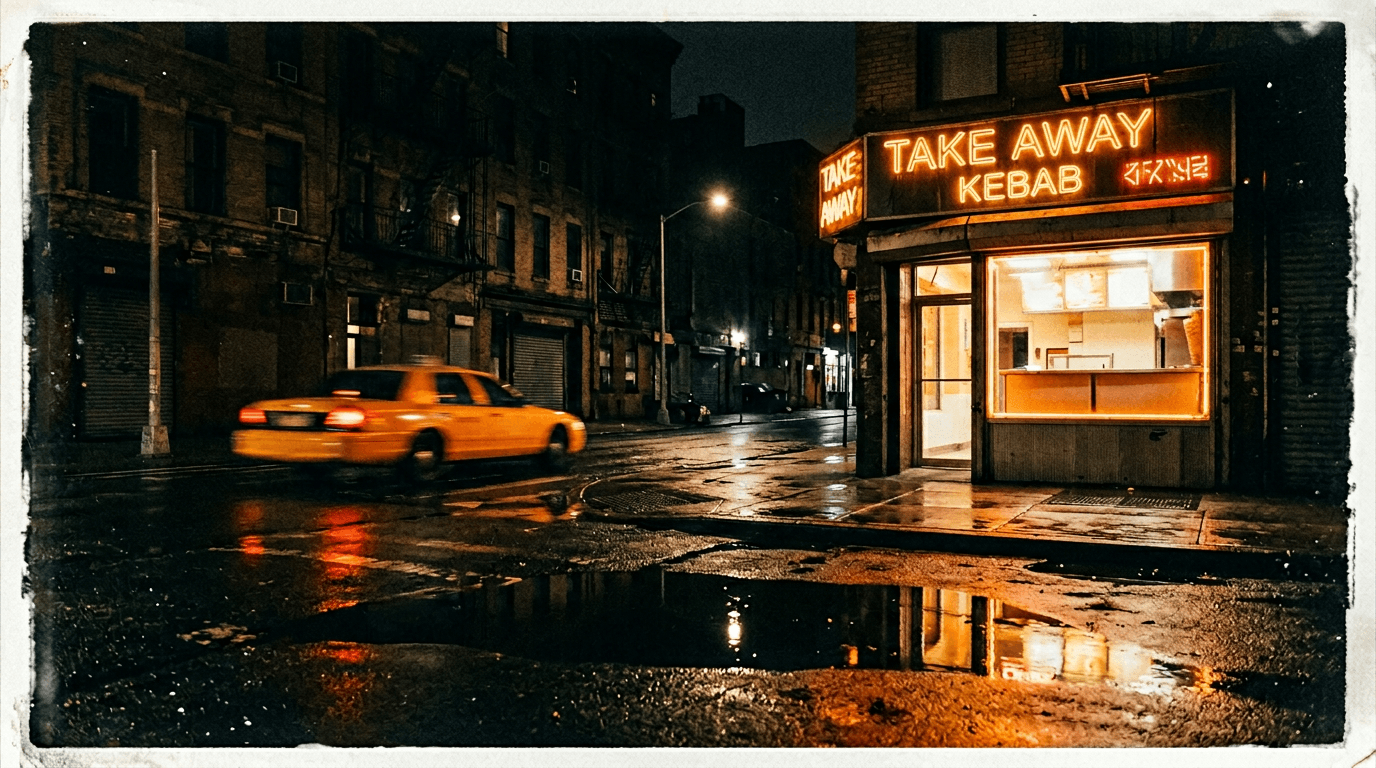A wet empty street at 3am with an orange neon kebab sign.