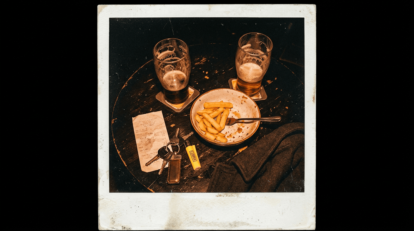 Overhead shot of a pub table the morning after: empty pint glasses, a crumpled receipt, keys, a lighter and a half-eaten bowl of chips.