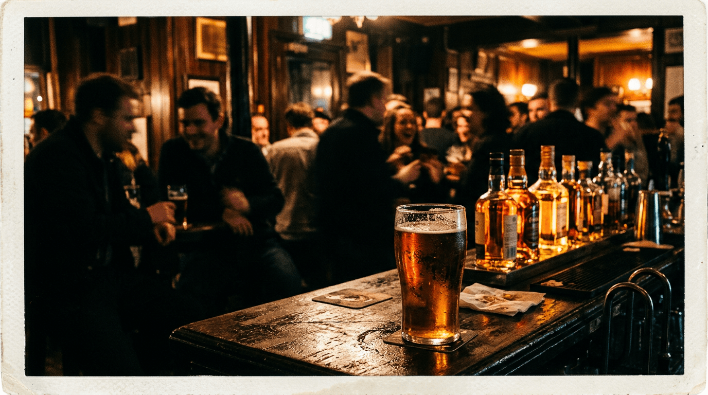 A warm, dim pub interior at night with a pint on the bar and silhouetted patrons.
